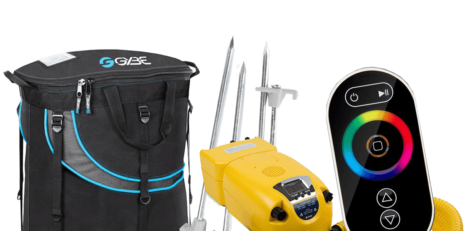 Travel backpack, 12V battery pump, stake kit and touch-screen lighting remote.