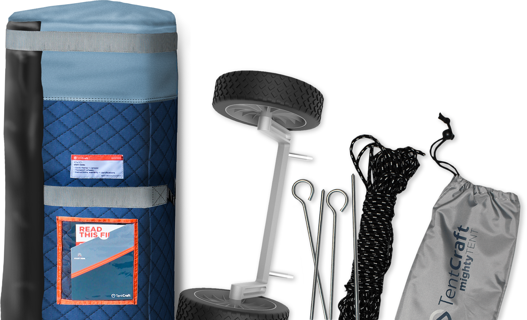 A collage of the medium-duty slip cover, tie-down straps, and stakes made for mightyTENT.