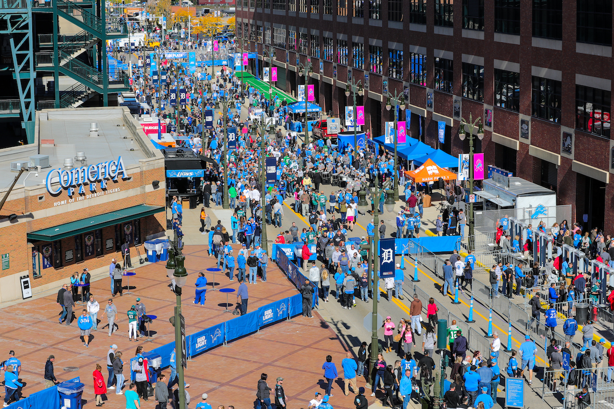 Drone view of a Detroit Lions tailgate event