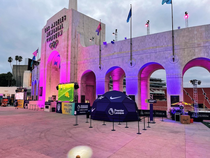 A TentCraft Event Dome branded for the Premier League Fan Fest shown at the L.A. Memorial Coliseum