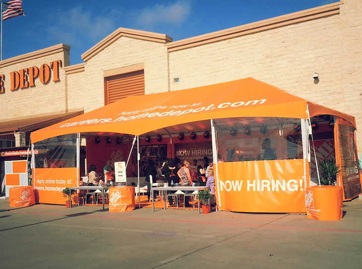 A job recruitment tent at a Home Depot store