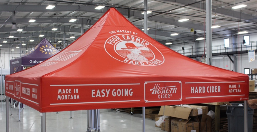 Example of a custom printed pop up canopy for Poor Farmer Hard Cider