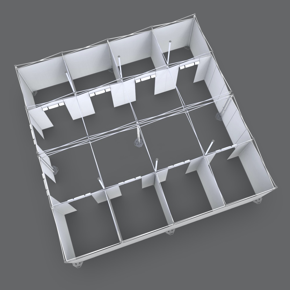 birds eye view of a eight-room triage and containment tent for medical purposes with two entrances and roll up doors