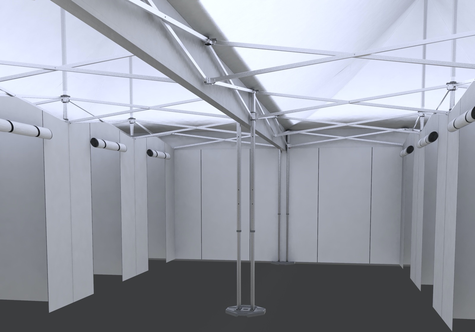 first person view inside an eight-room triage and containment infirmary tent built with an aluminum frame