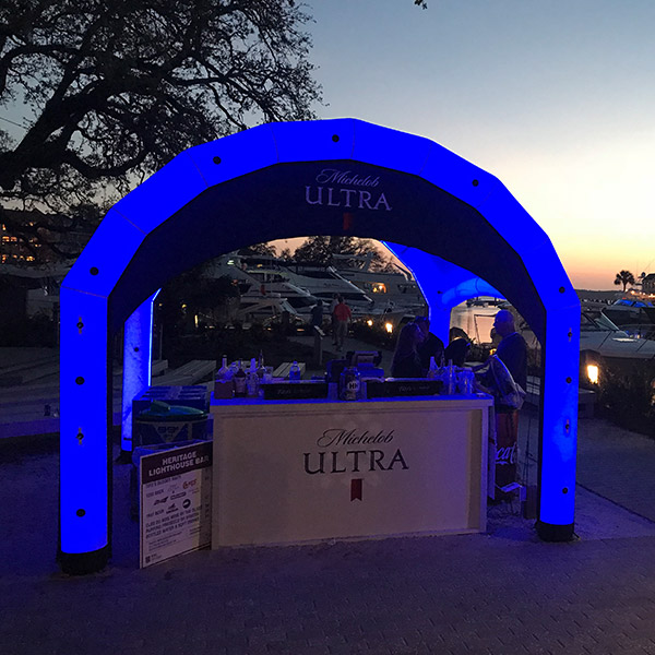 Michelob Ultra Nitrox AIRFRAME tent with blue lighting kit set-up at harbor