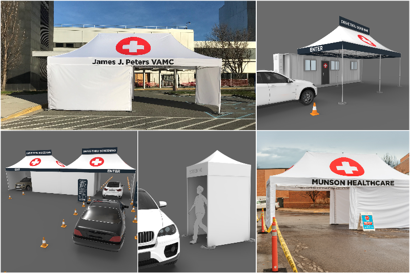 Two way drive thru screening tent with cars lined up and custom signage
