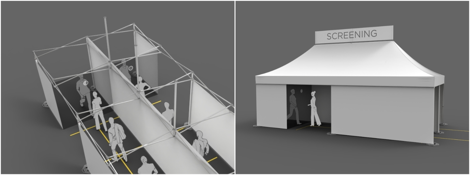 2 Lane, walk-through, one-way temperature check station with floor grid for social distancing purposes