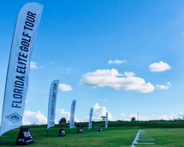 Custom printed feather shape event flags.