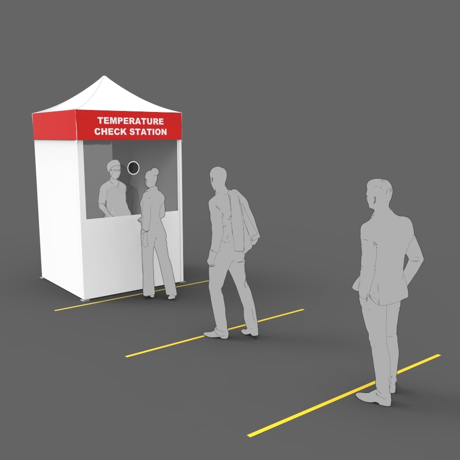 Floor lines separate people that wait to approach the temperature check medical popup-tent