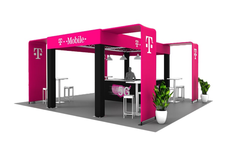 A custom trade show booth lounge using truss structures.