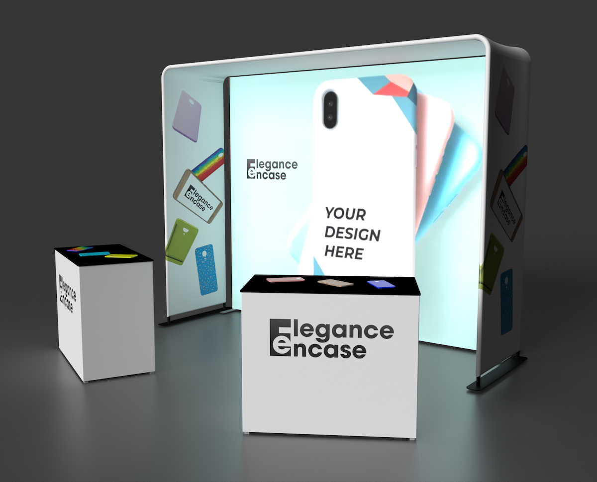 A rendering of a custom pop up trade show booth with SEG