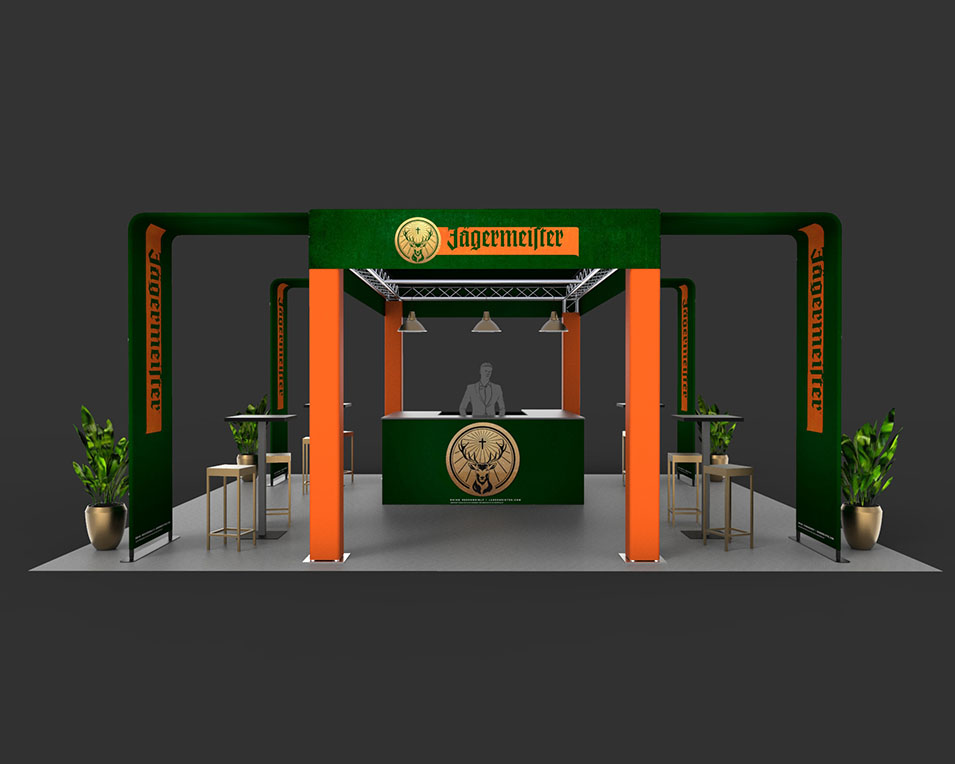 A large trade show exhibit setup with Jagermeister branding