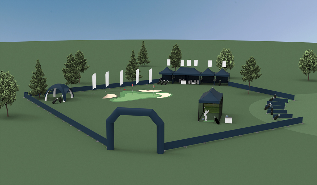 Golf Event Design Rendering Built With Barricade Covers, GYBE, MONACRHTENTs, flags, and inflatable arch.