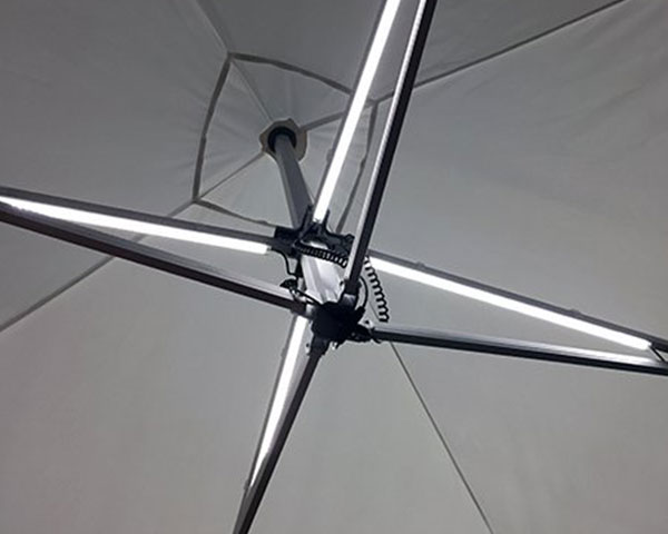 TentCraft lighting kit installed inside heavy-duty pop-up tent.