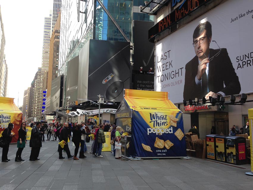 A custom pop-up tent created for the brand Wheat Thins used in Times Square for new product sampling.